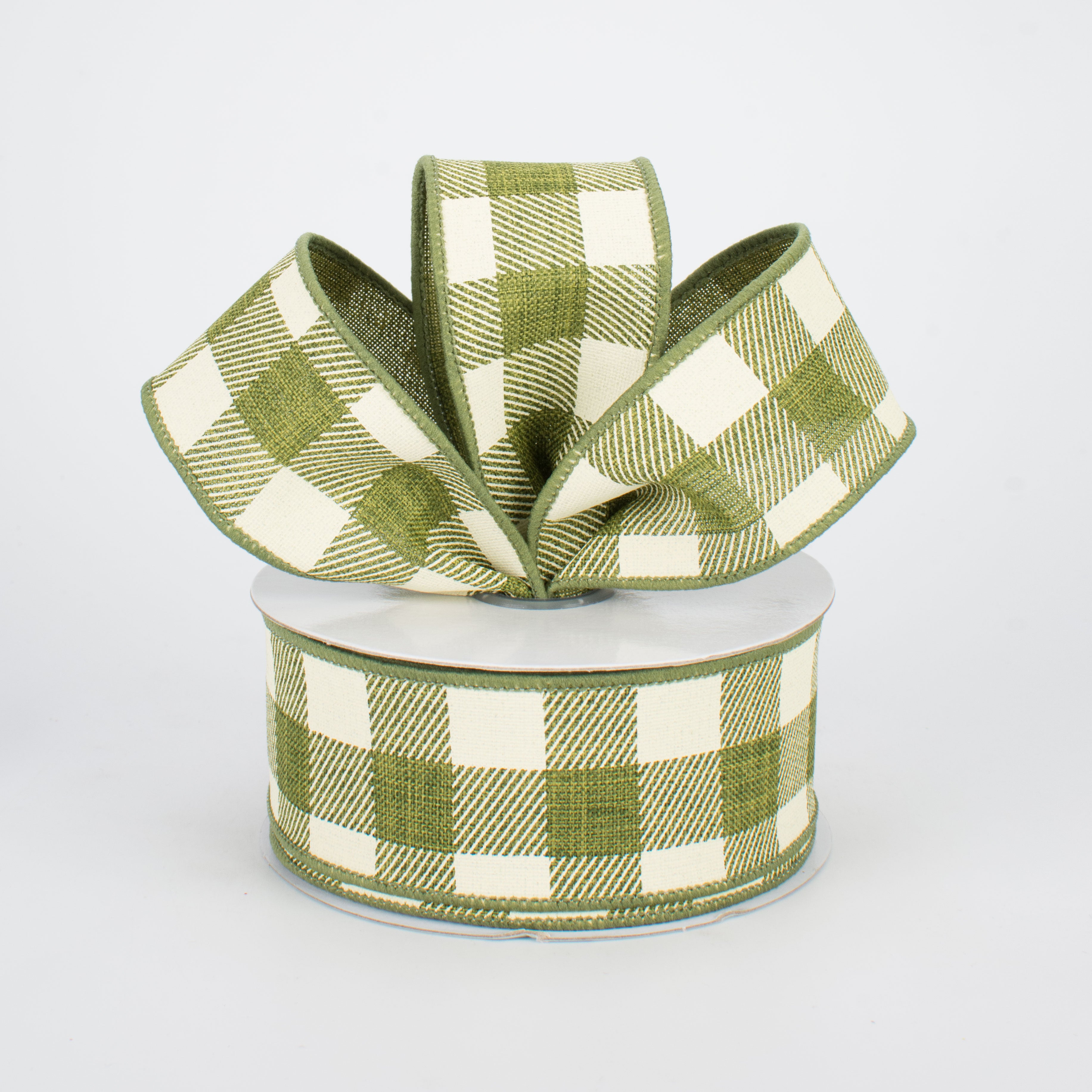 1.5" Printed Plaid Check Ribbon: Moss Green & Ivory (10 Yards) Lifestyle Photo
