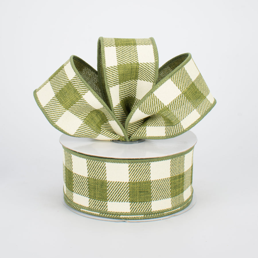 1.5" Printed Plaid Check Ribbon: Moss Green & Ivory (10 Yards) Lifestyle Photo