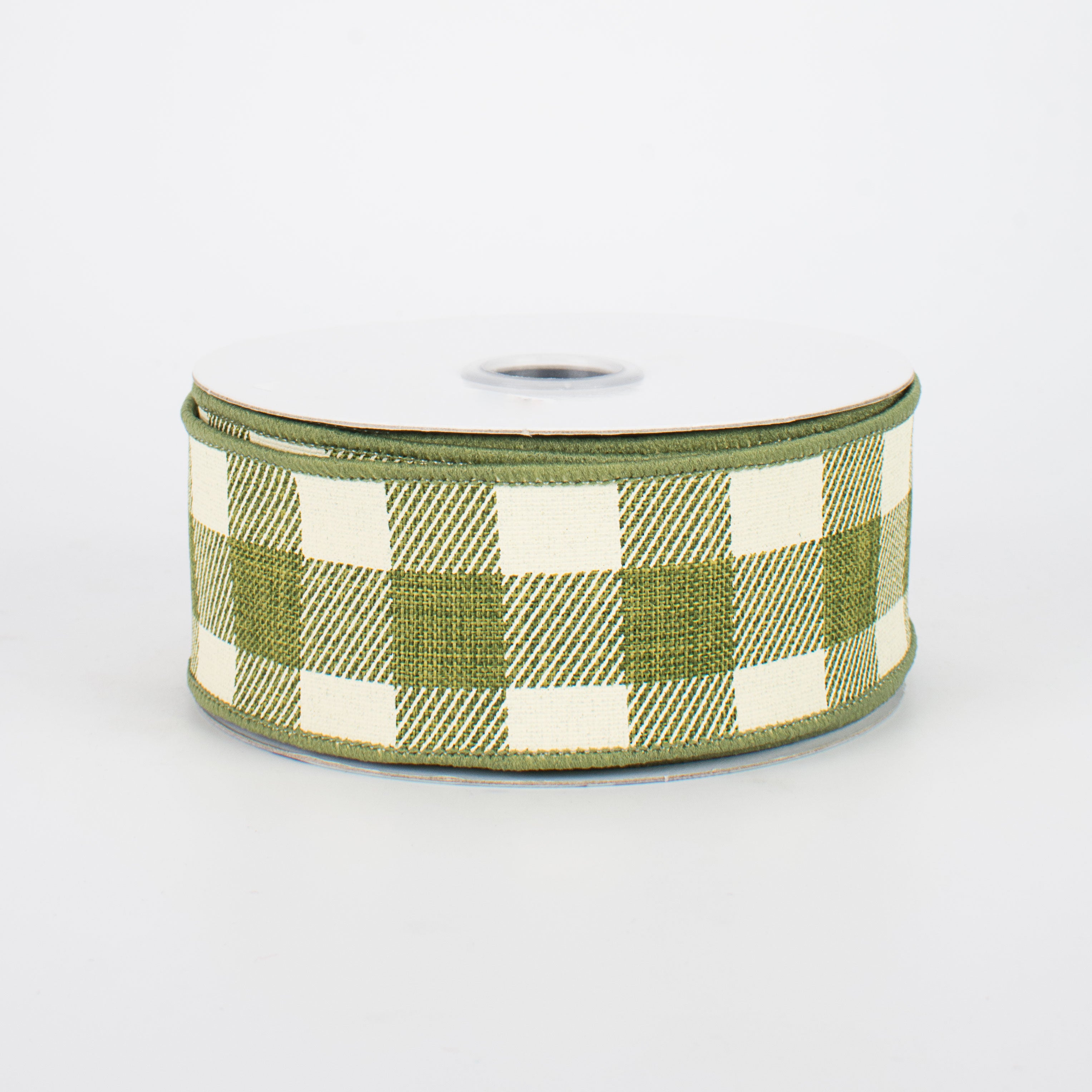 1.5" Printed Plaid Check Ribbon: Moss Green & Ivory (10 Yards)