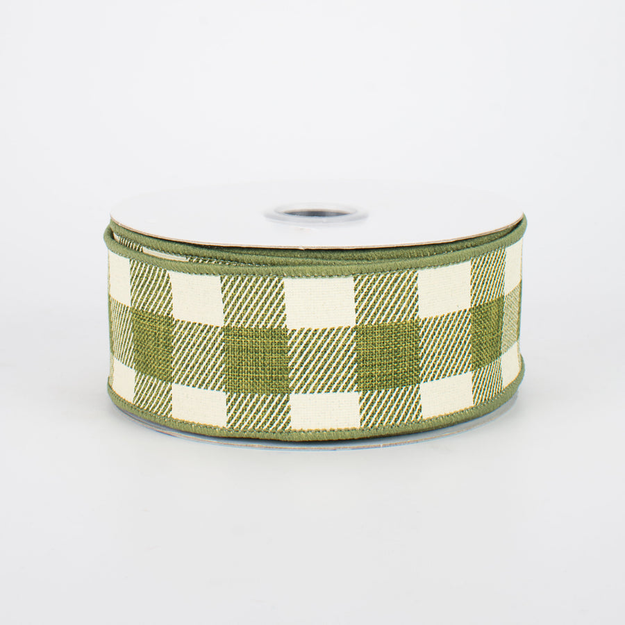 1.5" Printed Plaid Check Ribbon: Moss Green & Ivory (10 Yards)