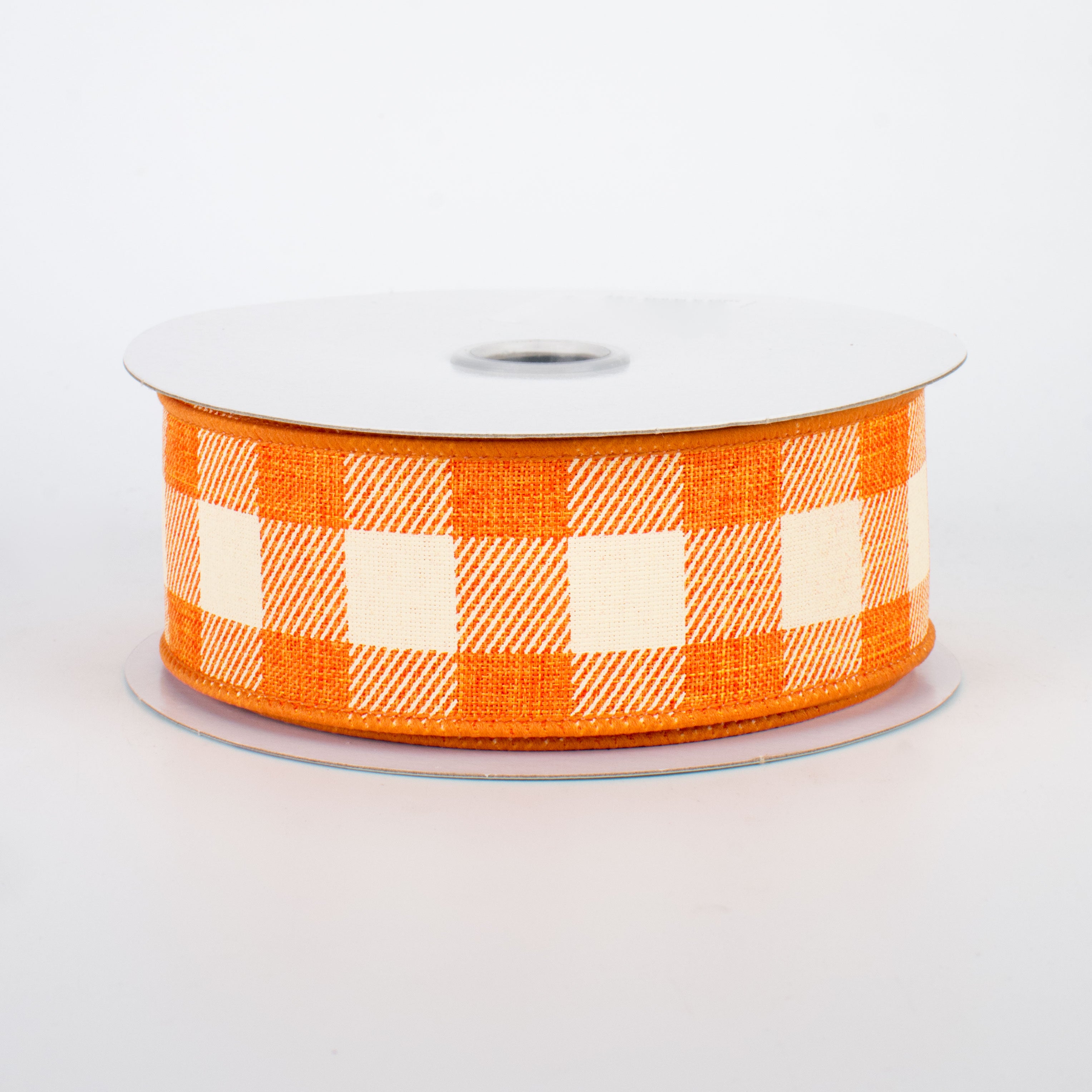 1.5" Printed Plaid Check Ribbon: Orange & Ivory (10 Yards)