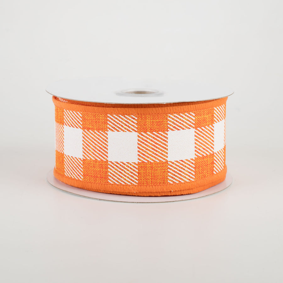 1.5" Printed Plaid Check Ribbon: Orange & White (10 Yards)