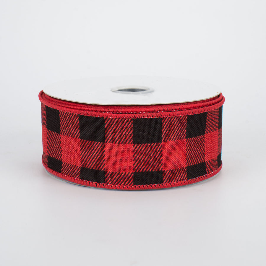 1.5" Printed Plaid Check Ribbon: Red & Black (10 Yards)