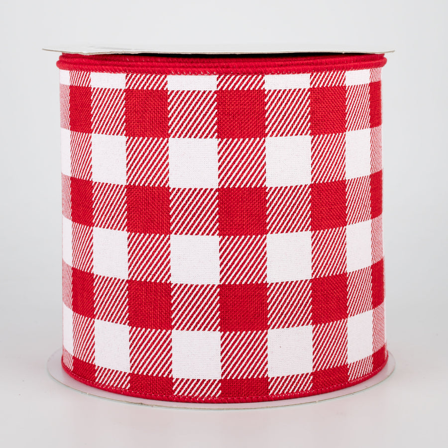 4" Printed Plaid Check Ribbon: Red & White (10 Yards)