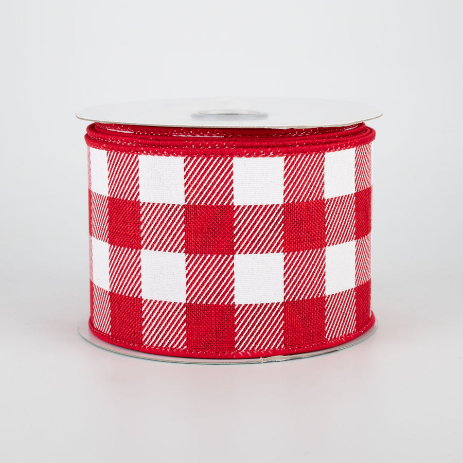 2.5" Printed Plaid Check Ribbon: Red & White (10 Yards)