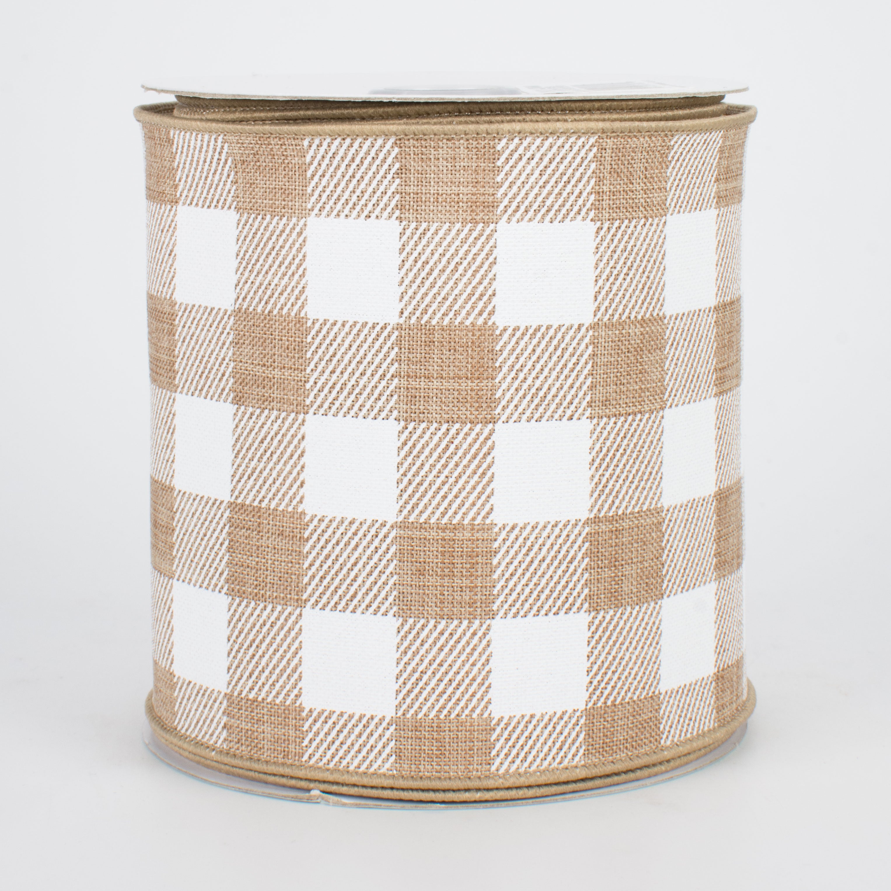 4" Printed Plaid Check Ribbon: Tan & White (10 Yards)