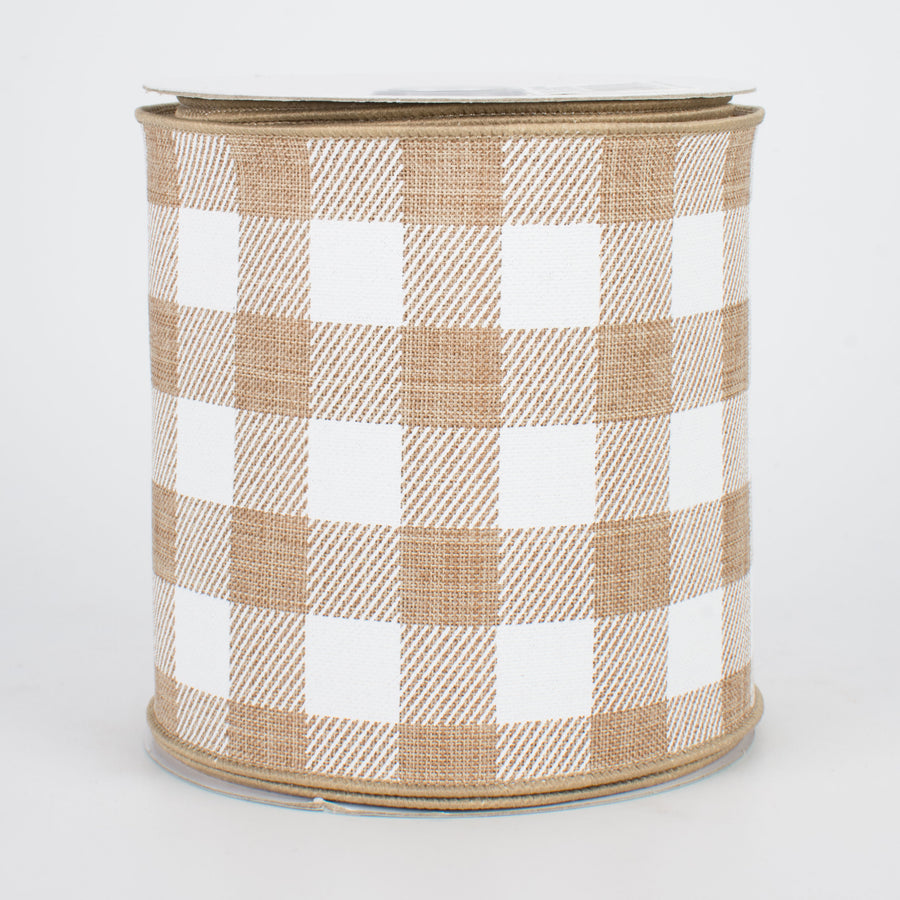 4" Printed Plaid Check Ribbon: Tan & White (10 Yards)