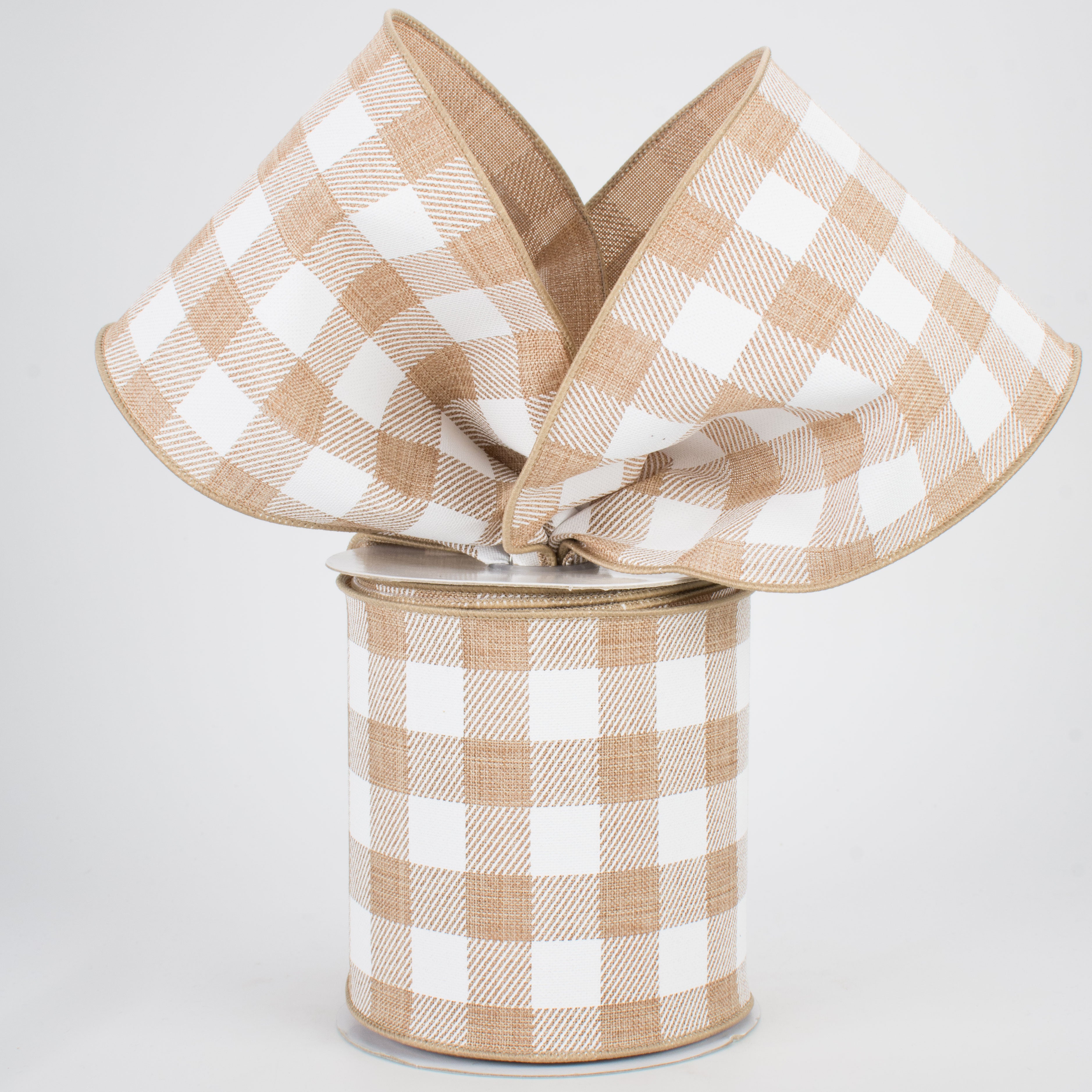 4" Printed Plaid Check Ribbon: Tan & White (10 Yards) Lifestyle Photo