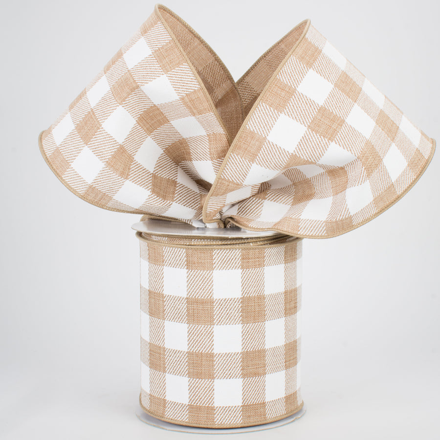 4" Printed Plaid Check Ribbon: Tan & White (10 Yards) Lifestyle Photo