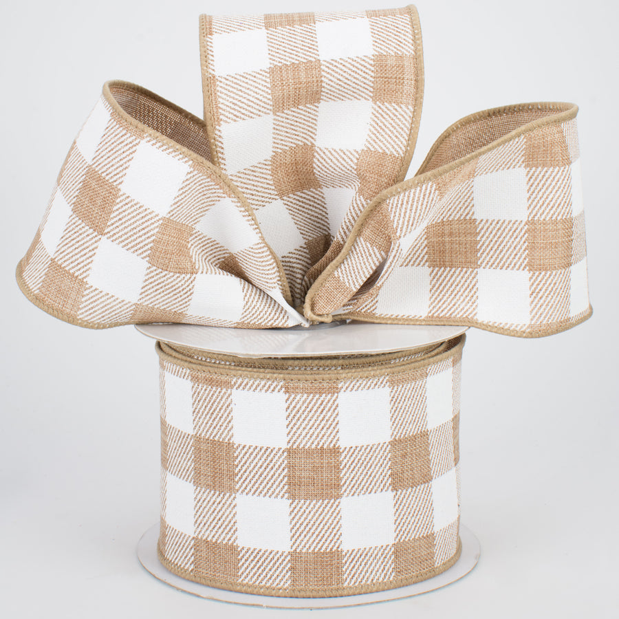 2.5" Printed Plaid Check Ribbon: Tan & White (10 Yards) Lifestyle Photo
