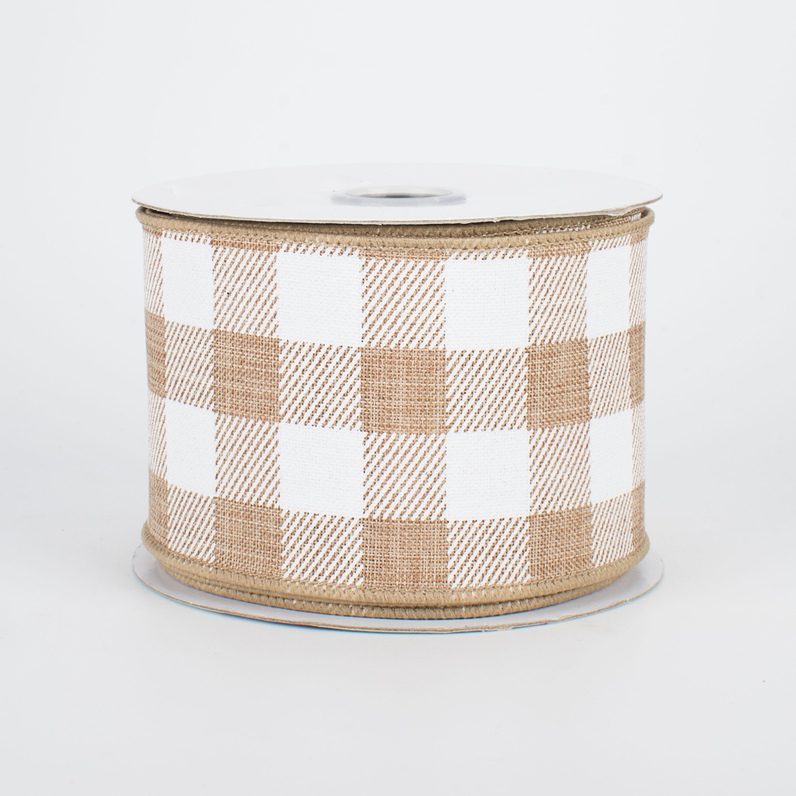 2.5" Printed Plaid Check Ribbon: Tan & White (10 Yards)
