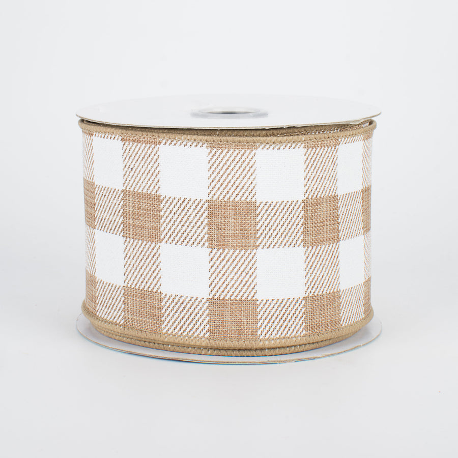 2.5" Printed Plaid Check Ribbon: Tan & White (10 Yards)