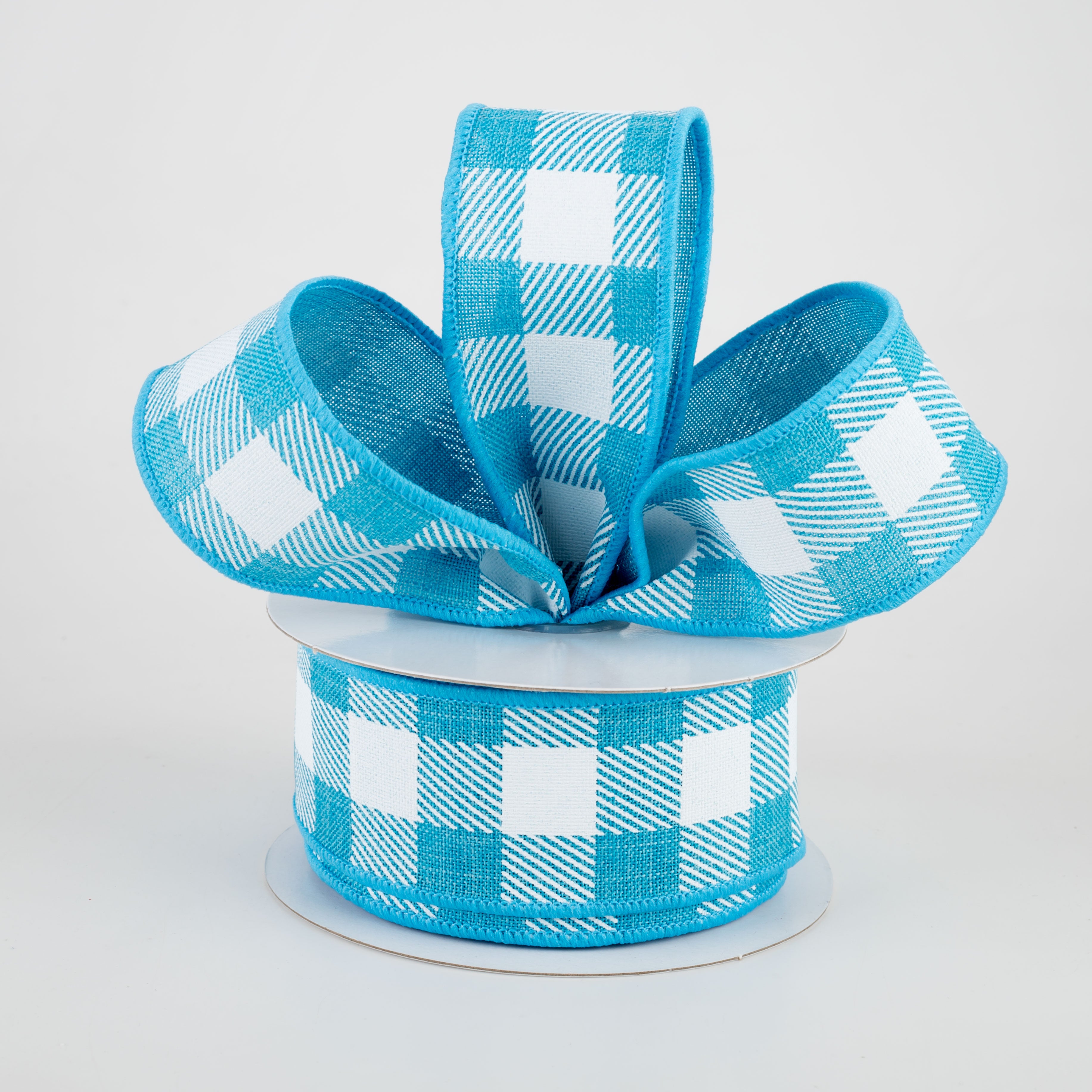 1.5" Printed Plaid Check Ribbon: Turquoise & White (10 Yards) Lifestyle Photo