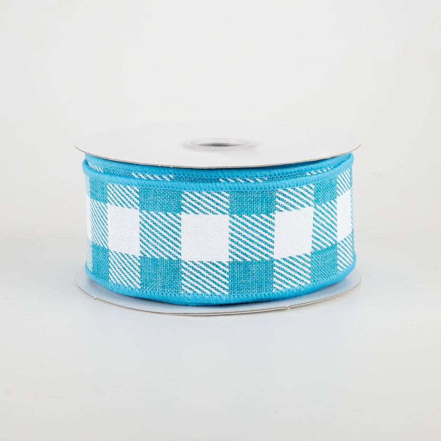 1.5" Printed Plaid Check Ribbon: Turquoise & White (10 Yards)