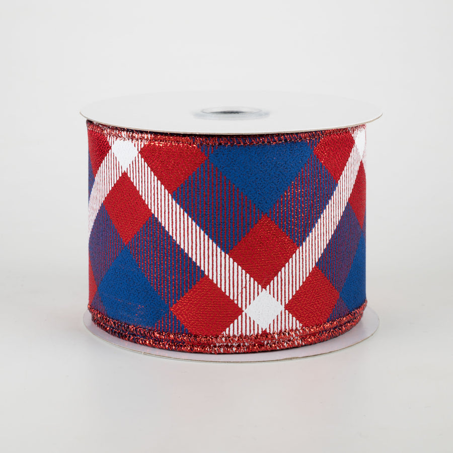 2.5" Printed Plaid Metallic Ribbon: Red, White, Blue (10 Yards)