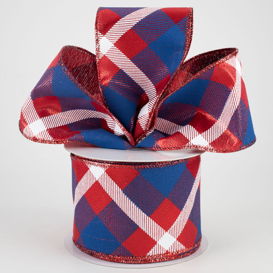 2.5" Printed Plaid Metallic Ribbon: Red, White, Blue (10 Yards) Lifestyle Photo
