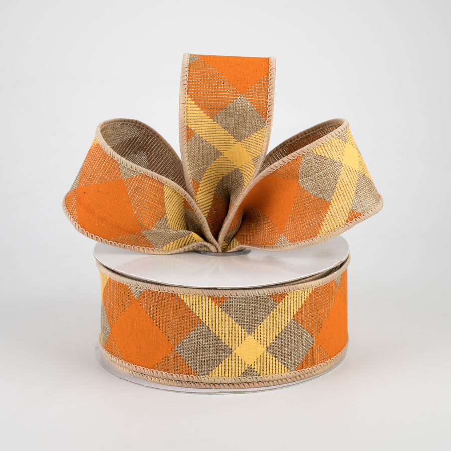 1.5" Printed Plaid Ribbon: Beige, Orange, Mustard (10 Yards) Lifestyle Photo