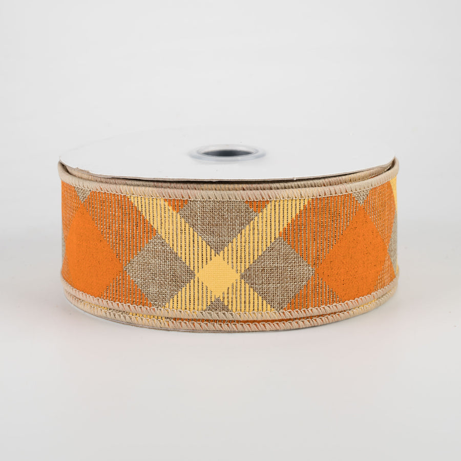 1.5" Printed Plaid Ribbon: Beige, Orange, Mustard (10 Yards)
