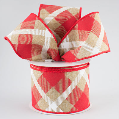 2.5" Printed Plaid Ribbon: Beige, Red, White (10 Yards) Lifestyle Photo
