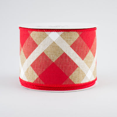 2.5" Printed Plaid Ribbon: Beige, Red, White (10 Yards)