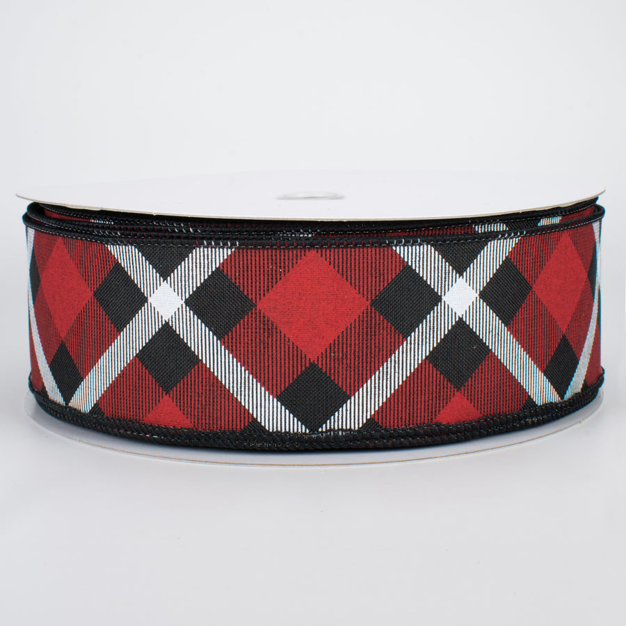 2.5" Printed Plaid Ribbon: Black, Red, White (50 Yards)