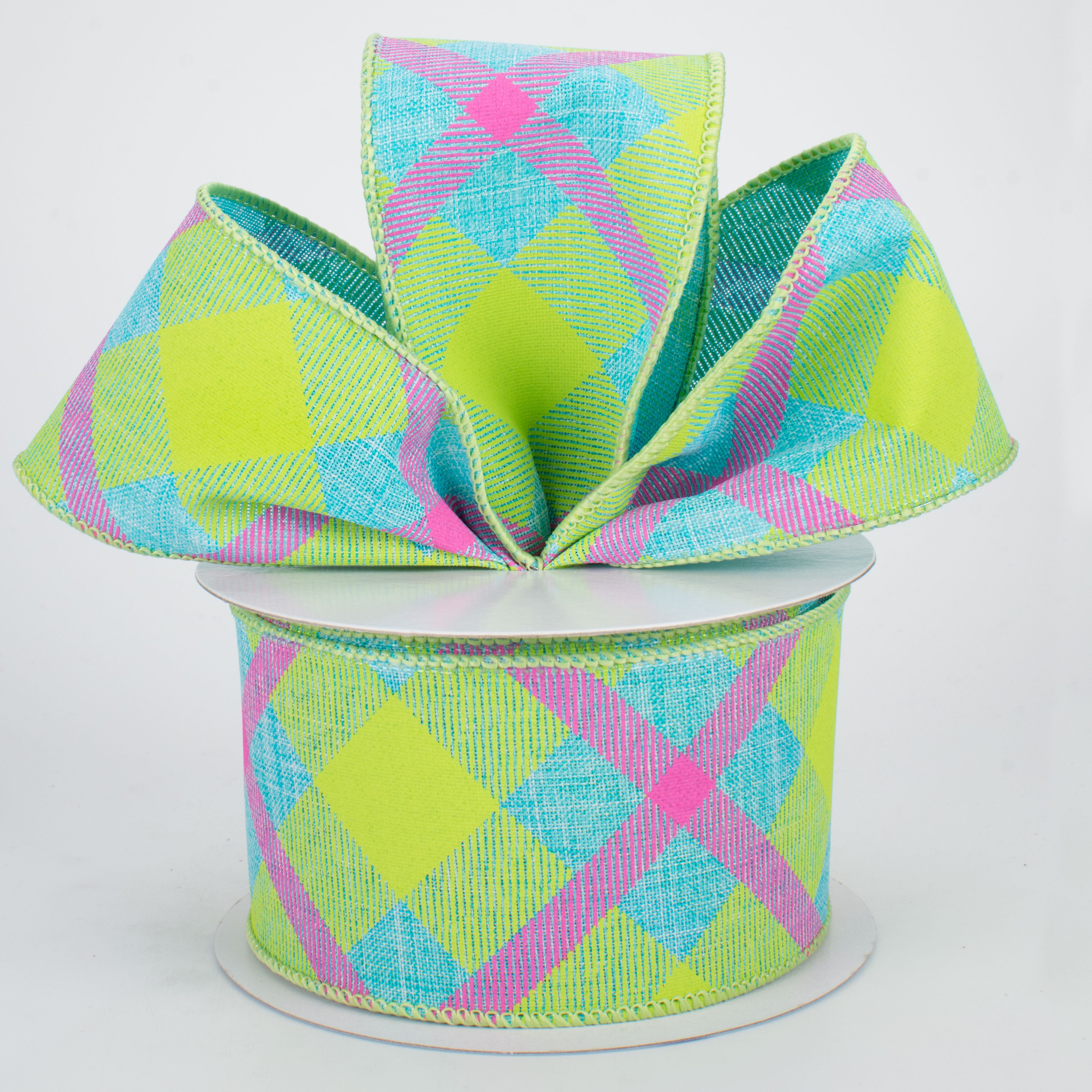 2.5" Printed Plaid Ribbon: Blue, Lime, Pink (10 Yards) Lifestyle Photo