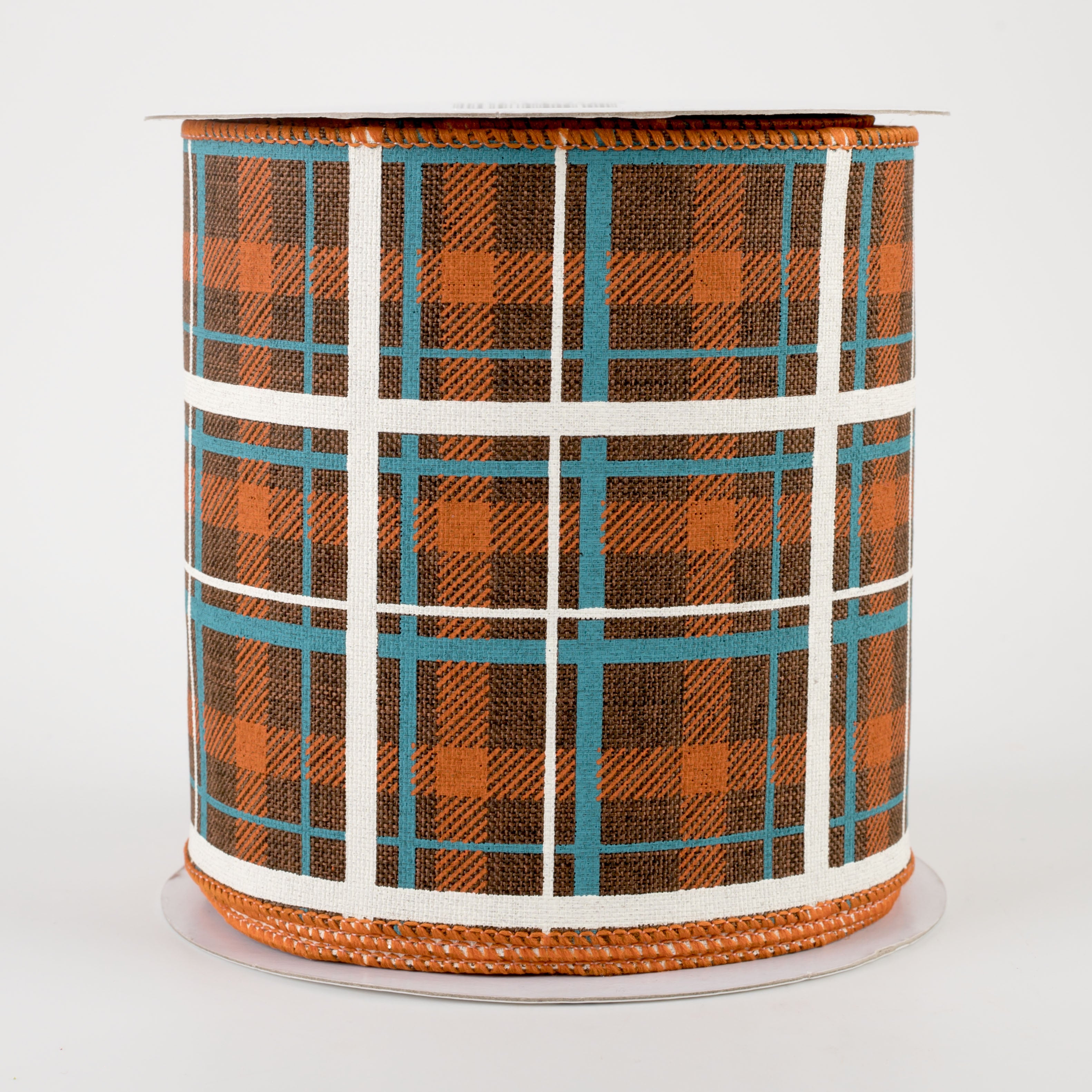 4" Printed Plaid Ribbon: Dark Brown, Dark Orange, Turquoise (10 Yards)