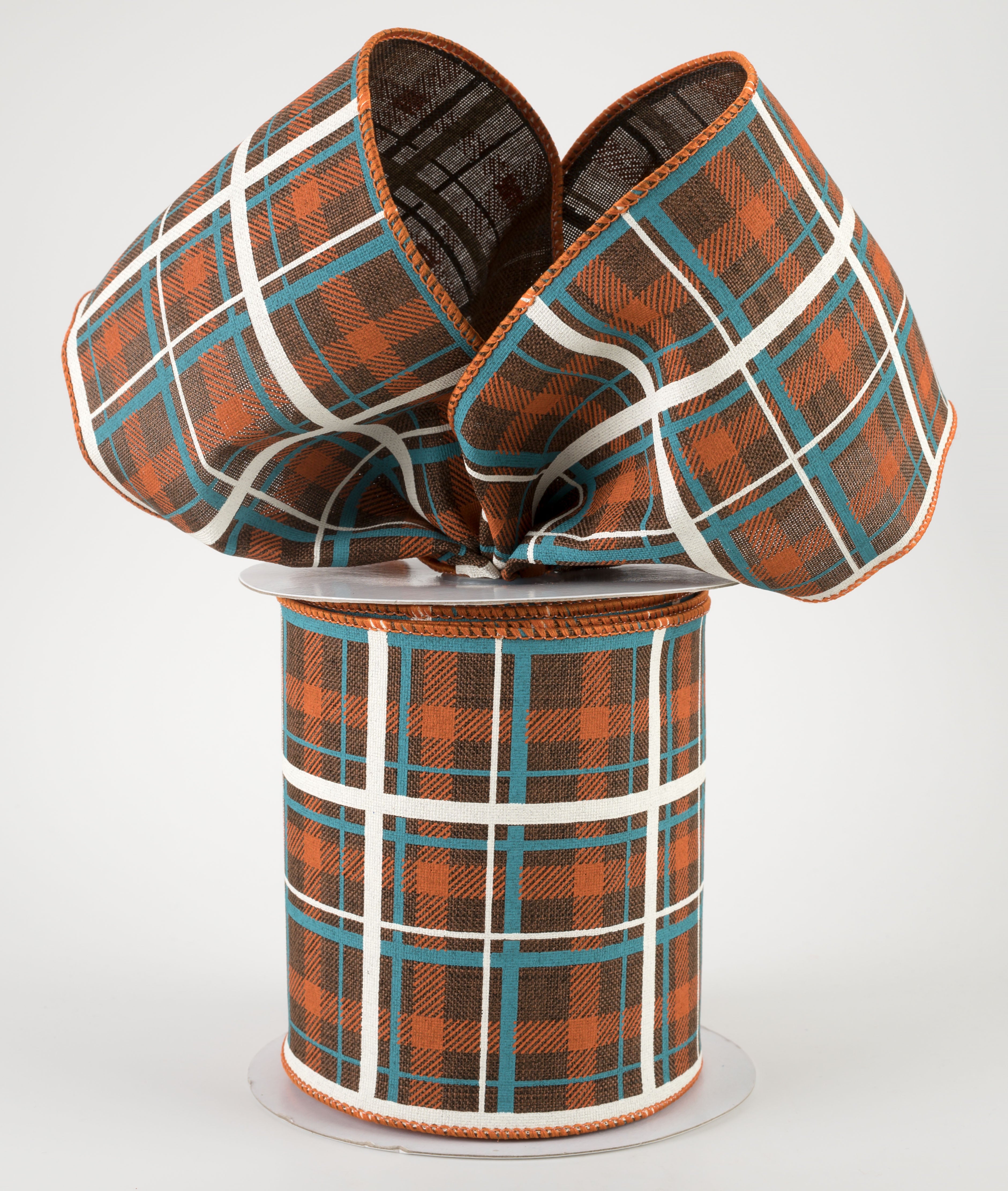 4" Printed Plaid Ribbon: Dark Brown, Dark Orange, Turquoise (10 Yards) Lifestyle Photo