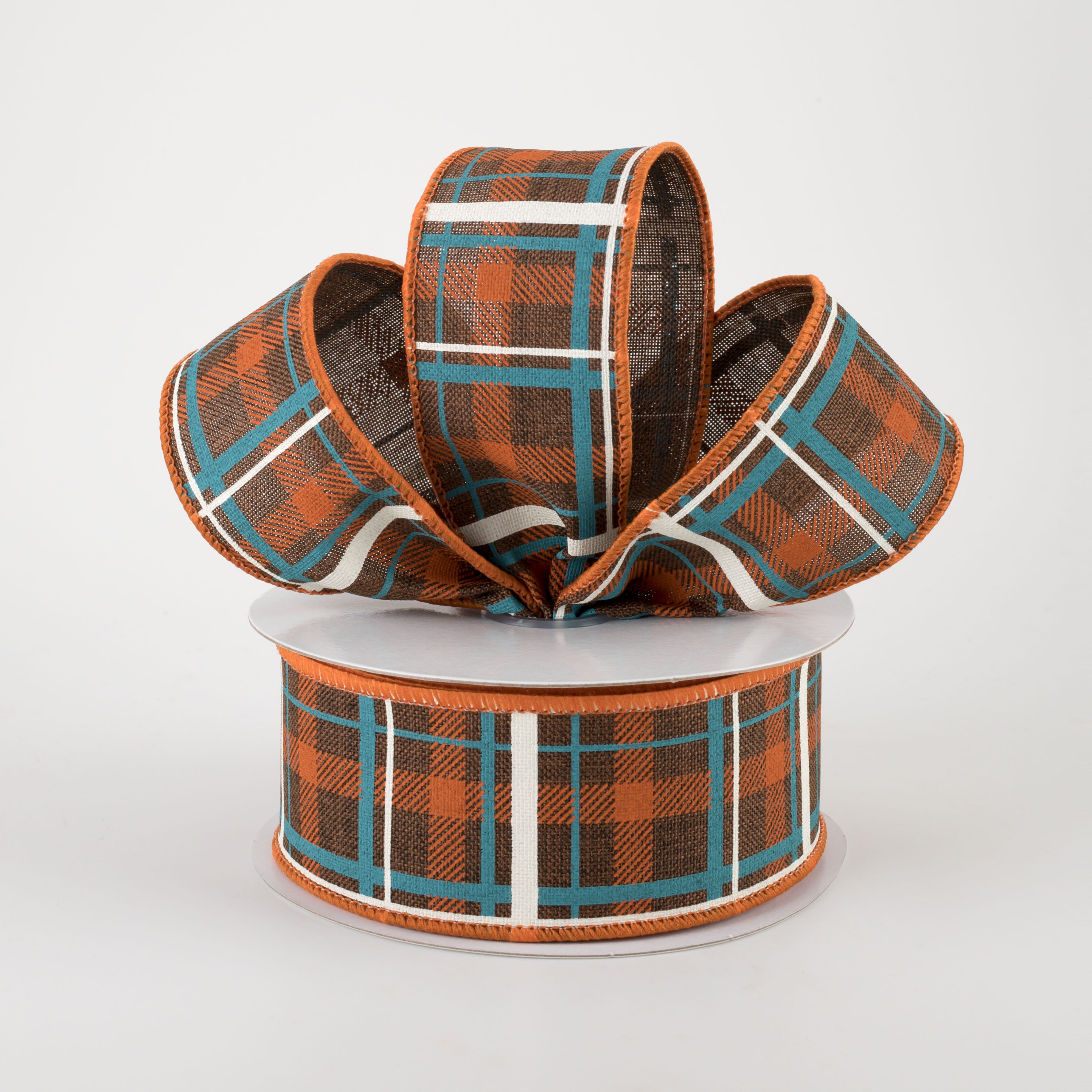 1.5" Printed Plaid Ribbon: Dark Brown, Dark Orange, Turquoise (10 Yards) Lifestyle Photo