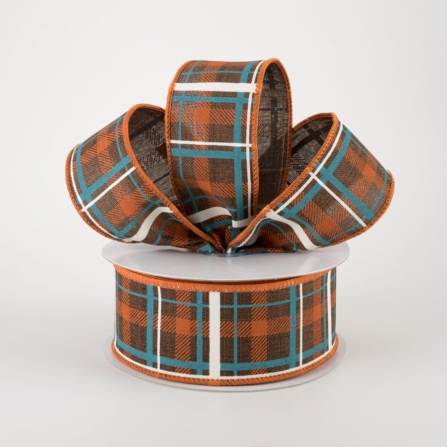 1.5" Printed Plaid Ribbon: Dark Brown, Dark Orange, Turquoise (10 Yards) Lifestyle Photo