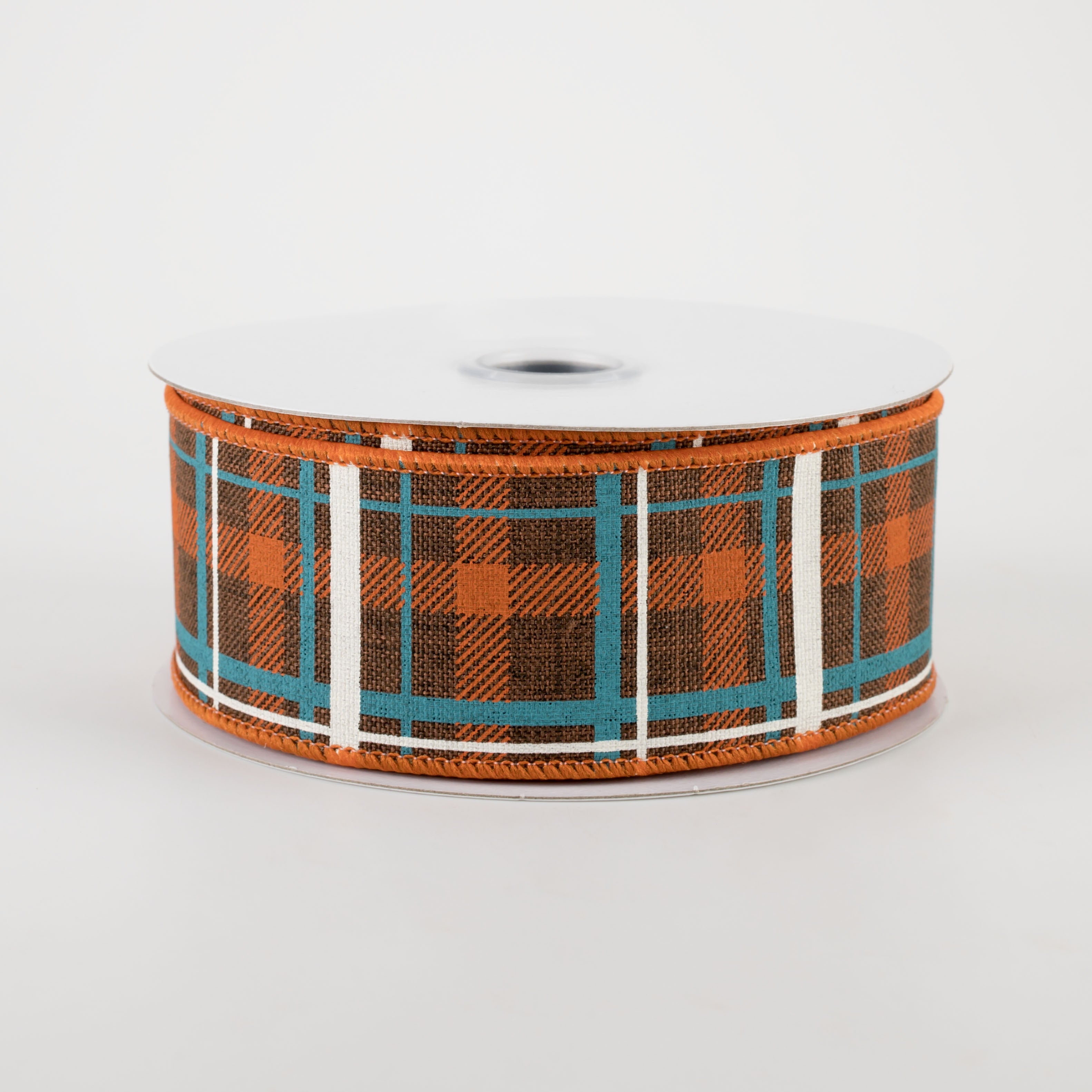 1.5" Printed Plaid Ribbon: Dark Brown, Dark Orange, Turquoise (10 Yards)