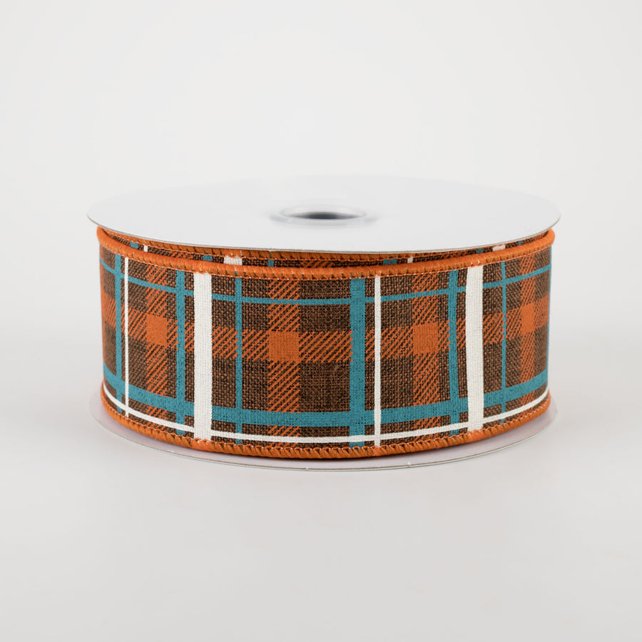 1.5" Printed Plaid Ribbon: Dark Brown, Dark Orange, Turquoise (10 Yards)
