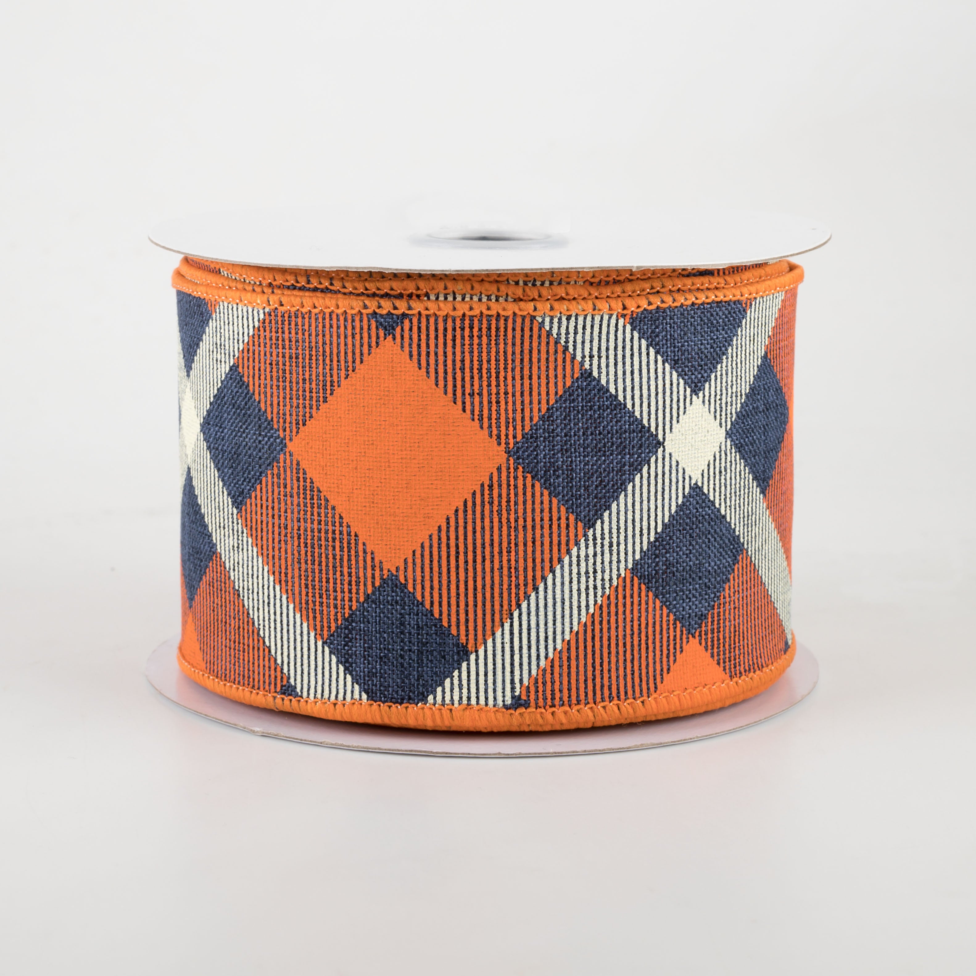 2.5" Printed Plaid Ribbon: Dark Navy, Orange, Cream (10 Yards)
