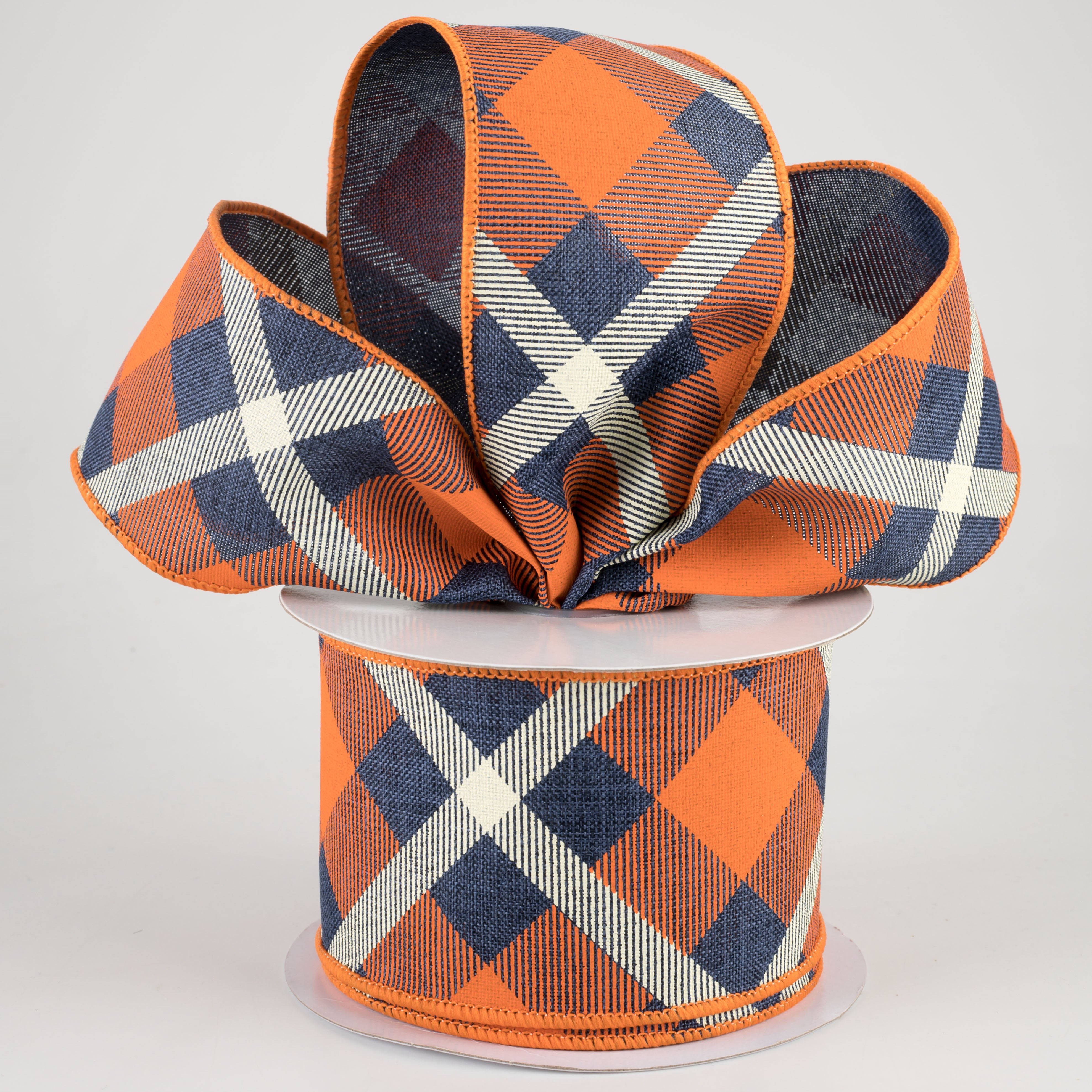 2.5" Printed Plaid Ribbon: Dark Navy, Orange, Cream (10 Yards) Lifestyle Photo