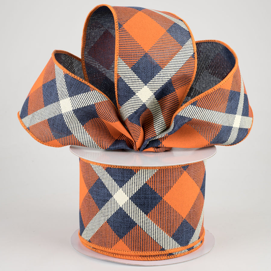 2.5" Printed Plaid Ribbon: Dark Navy, Orange, Cream (10 Yards) Lifestyle Photo