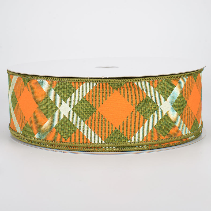 2.5" Printed Plaid Ribbon: Fern, Orange, Cream (50 Yards)