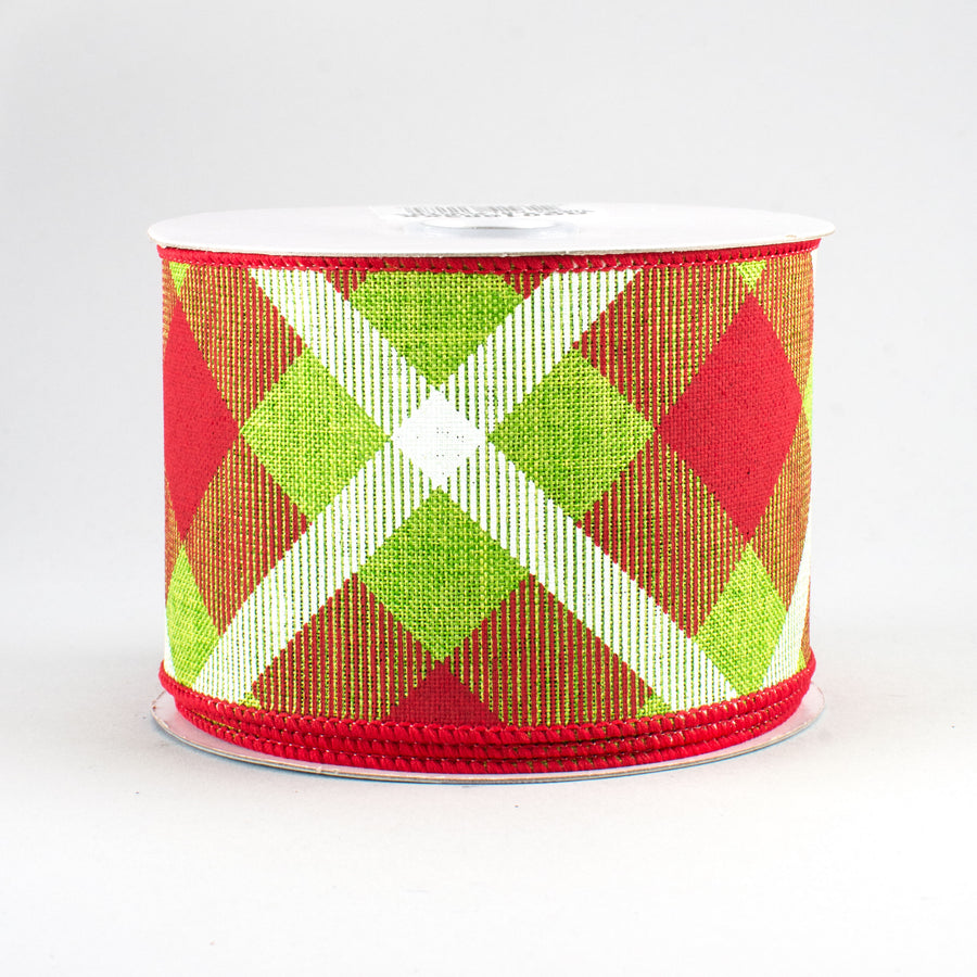 2.5" Printed Plaid Ribbon: Fresh Green, Red, White (10 Yards)