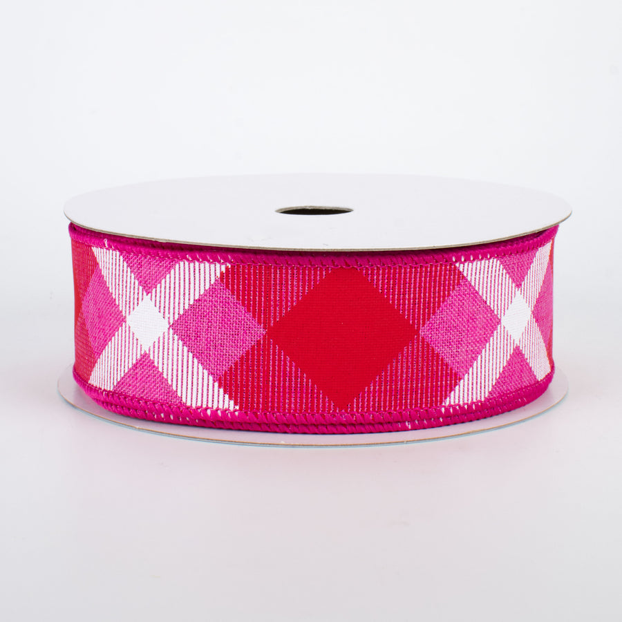 1.5" Printed Plaid Ribbon: Fuchsia, Red, White (10 Yards)