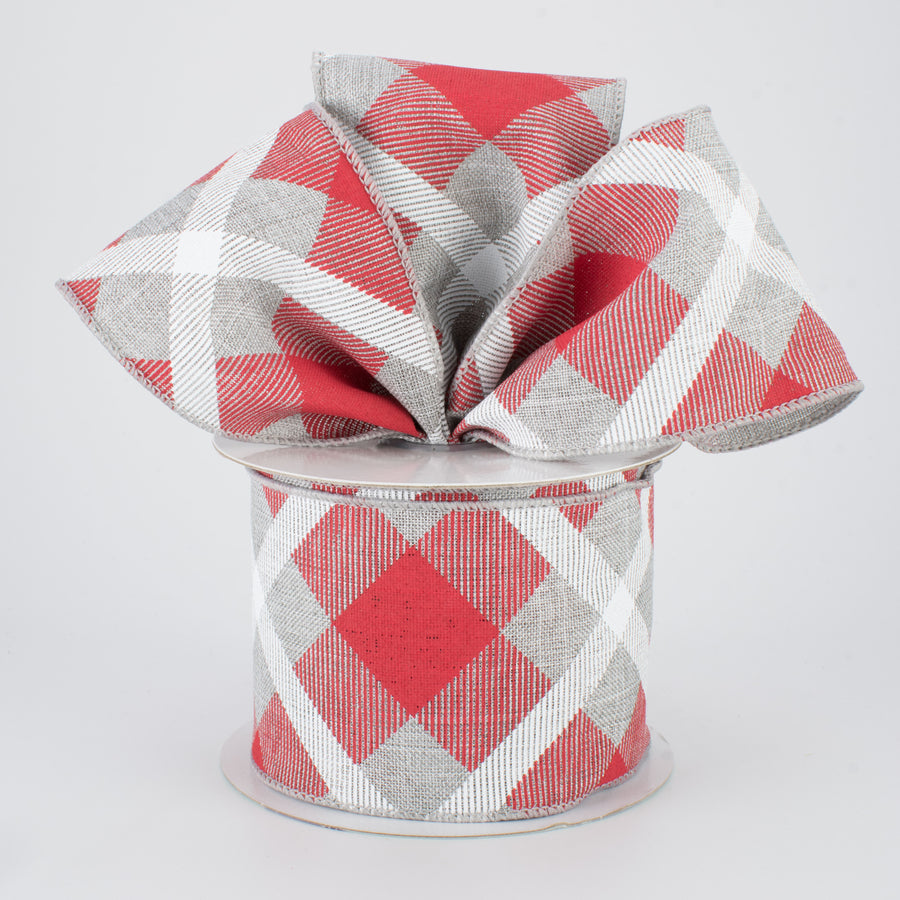 2.5" Printed Plaid Ribbon: Light Grey, Red, White (10 Yards) Lifestyle Photo