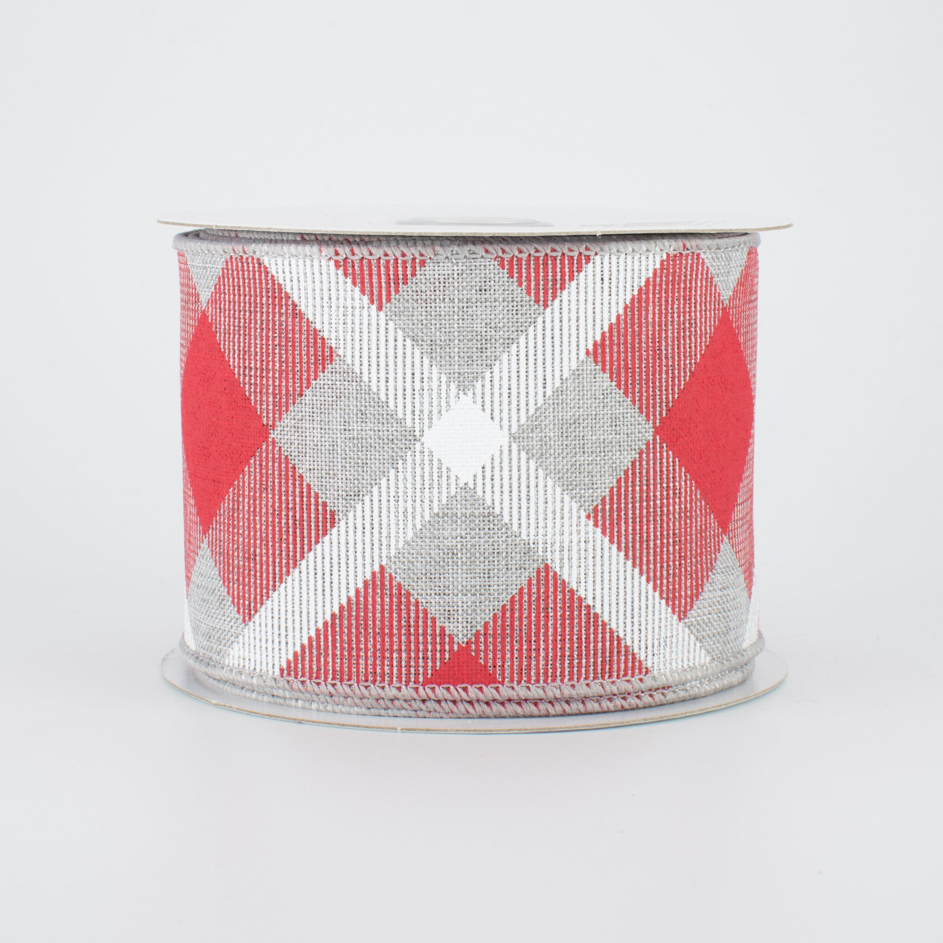 2.5" Printed Plaid Ribbon: Light Grey, Red, White (10 Yards)