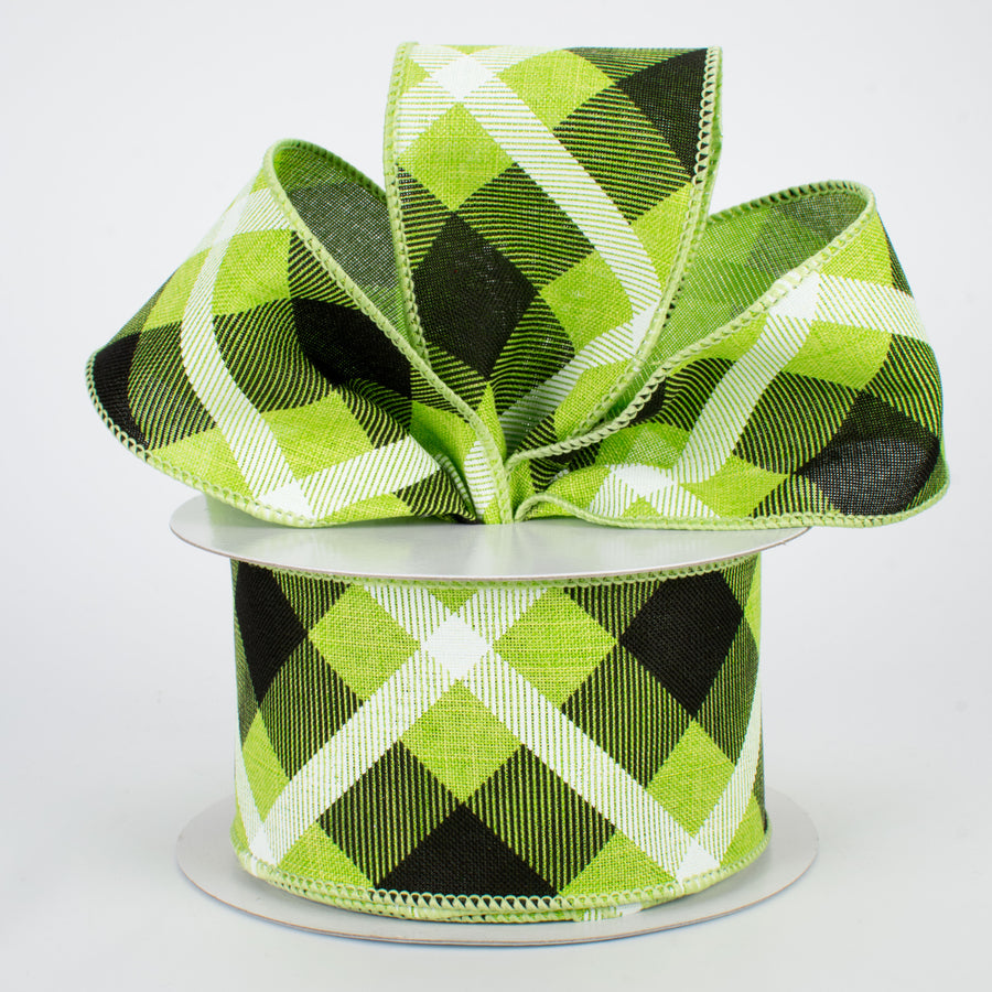2.5" Printed Plaid Ribbon: Lime, Black, White (10 Yards) Lifestyle Photo