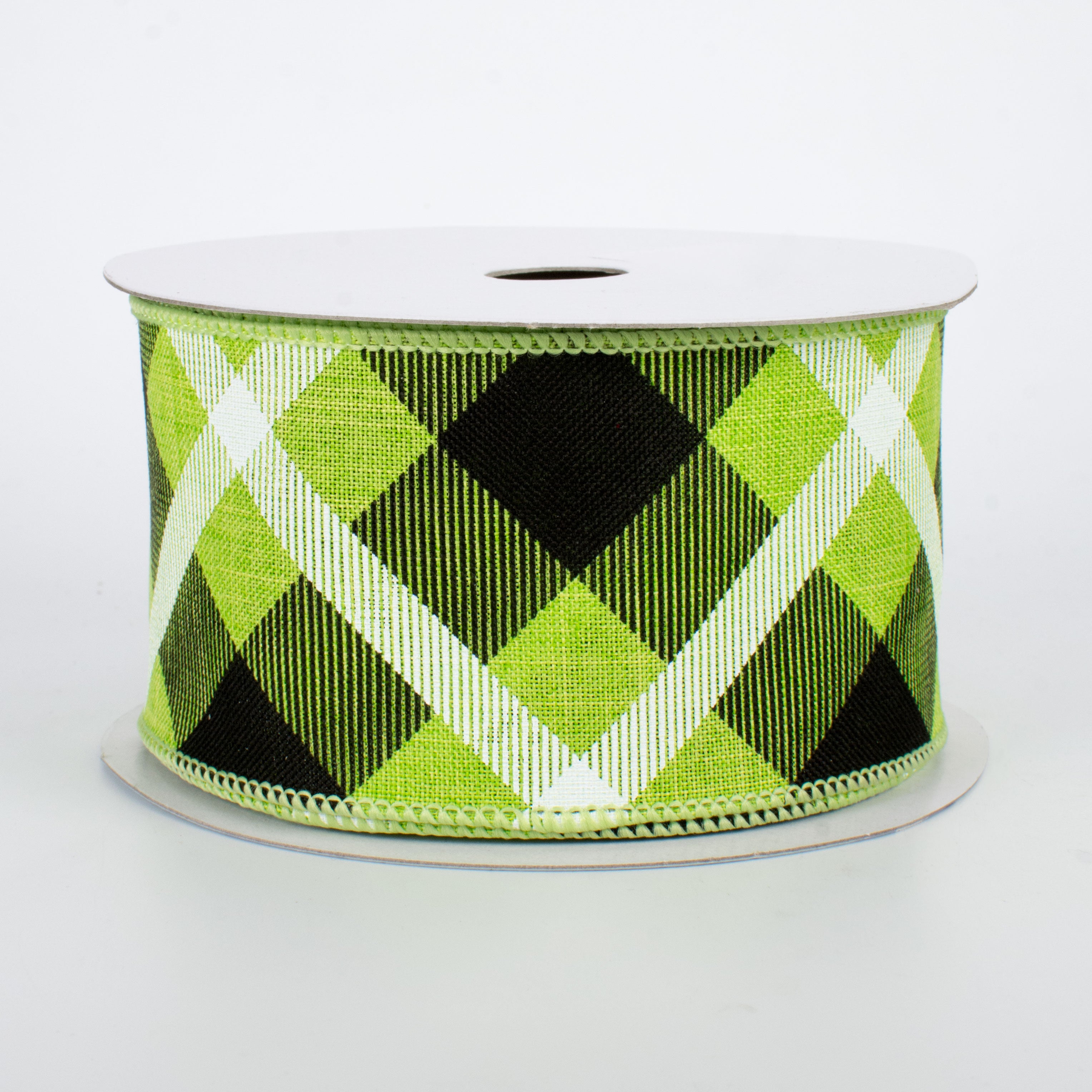 2.5" Printed Plaid Ribbon: Lime, Black, White (10 Yards)
