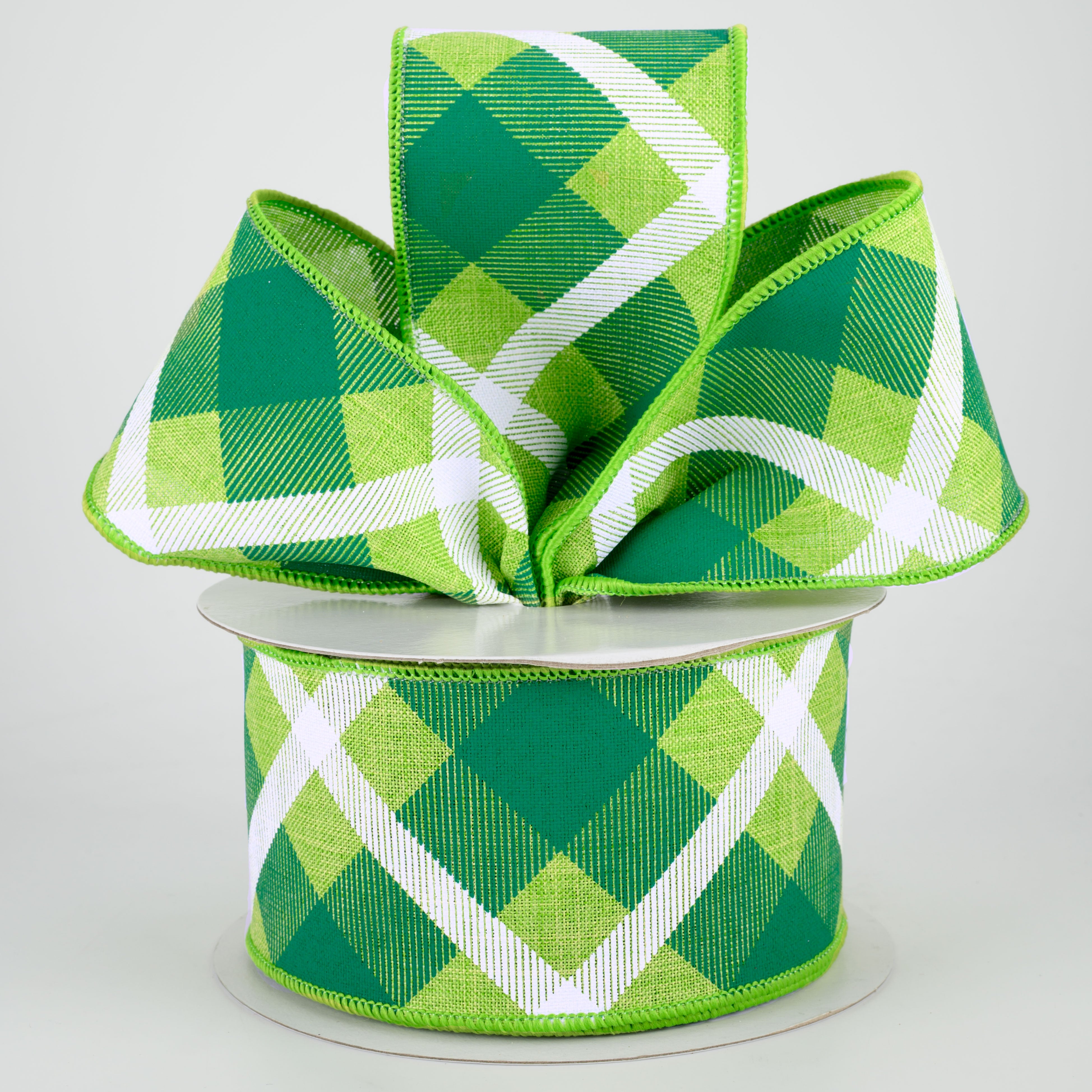 2.5" Printed Plaid Ribbon: Lime, Green, White (10 Yards) Lifestyle Photo