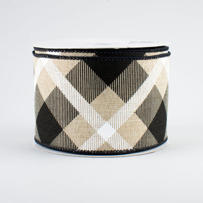 2.5" Printed Plaid Ribbon: Natural, Black, White (10 Yards)