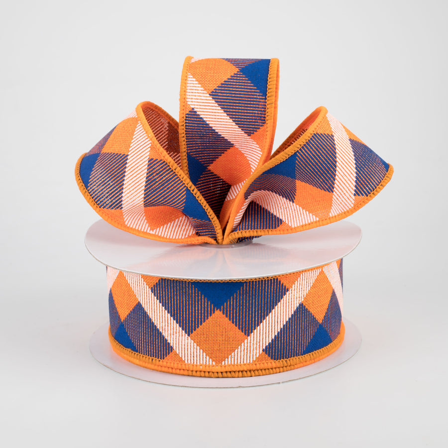 1.5" Printed Plaid Ribbon: Orange, Royal Blue, White (10 Yards) Lifestyle Photo
