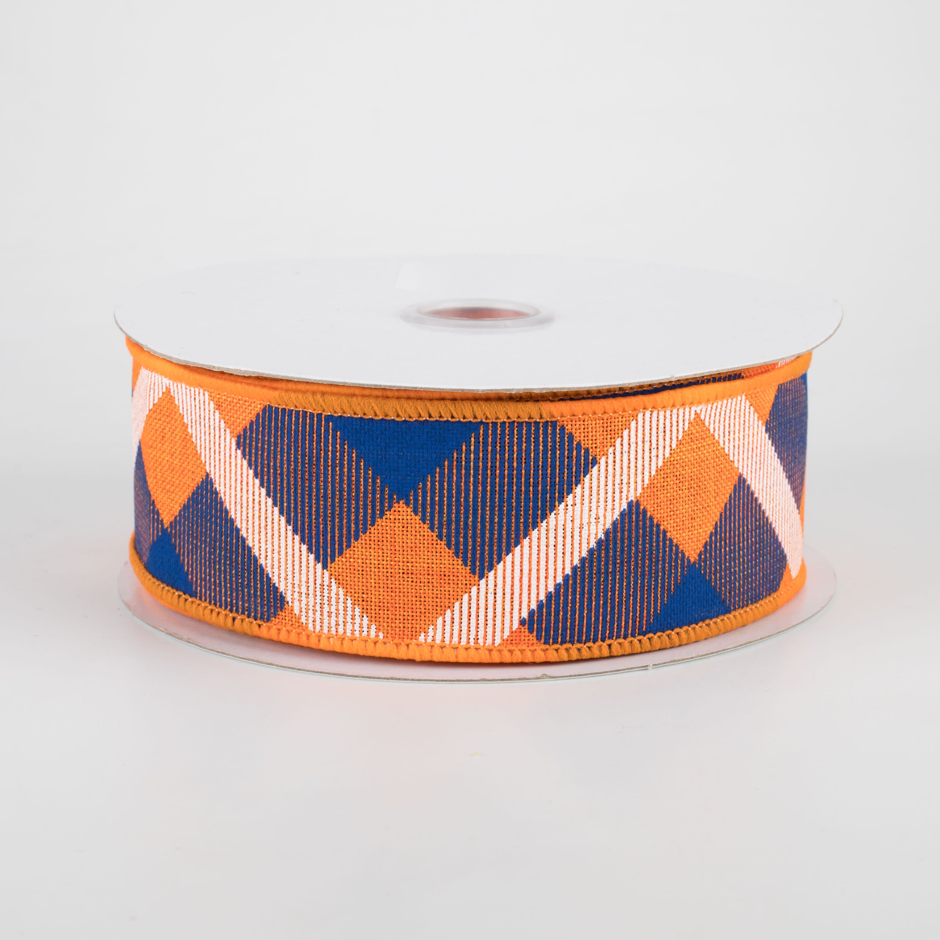 1.5" Printed Plaid Ribbon: Orange, Royal Blue, White (10 Yards)