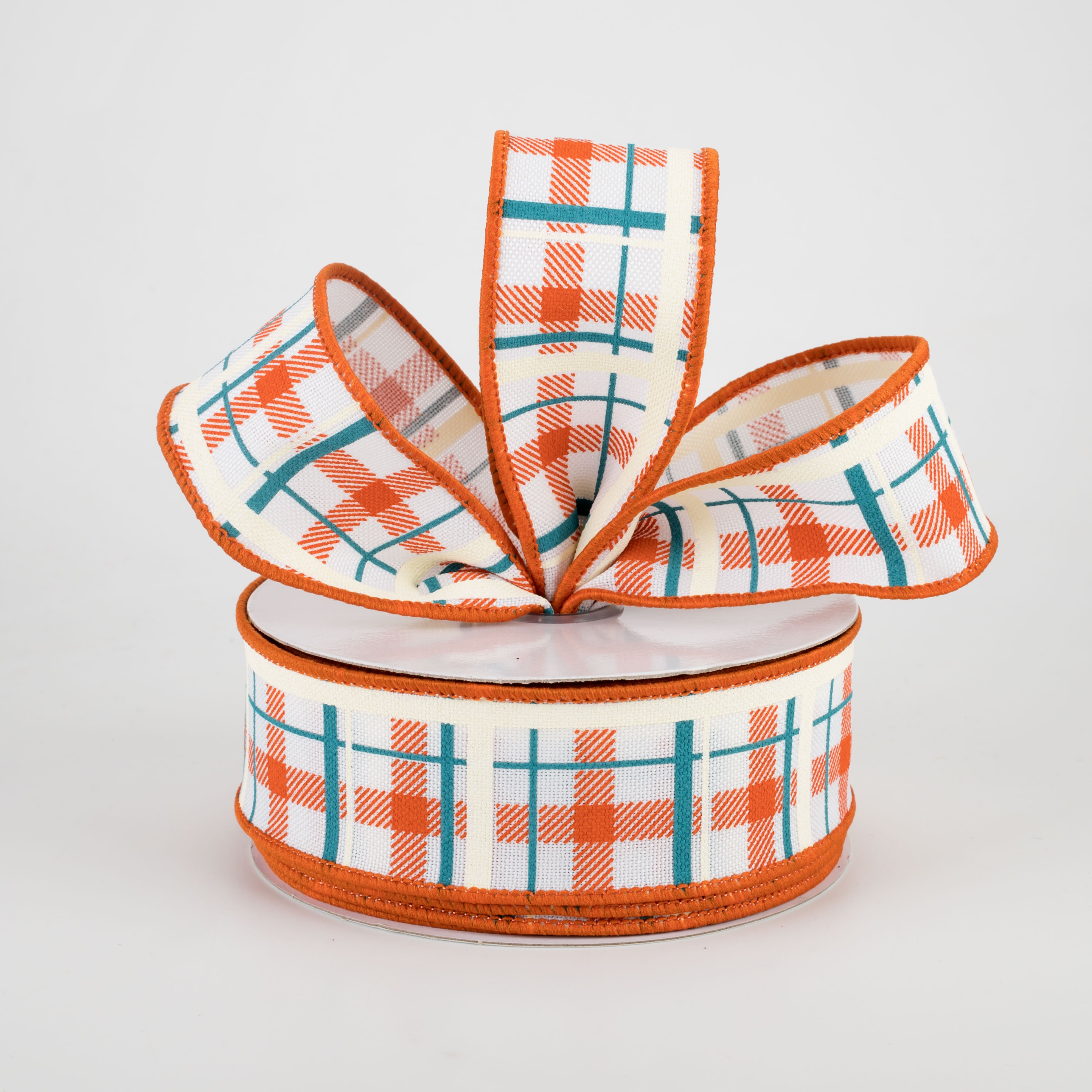 1.5" Printed Plaid Ribbon: White, Dark Orange, Turquoise (10 Yards) Lifestyle Photo