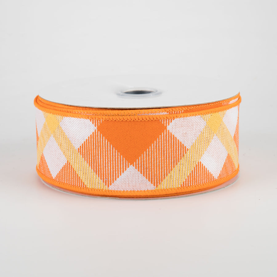 1.5" Printed Plaid Ribbon: White, Orange, Mustard (10 Yards)