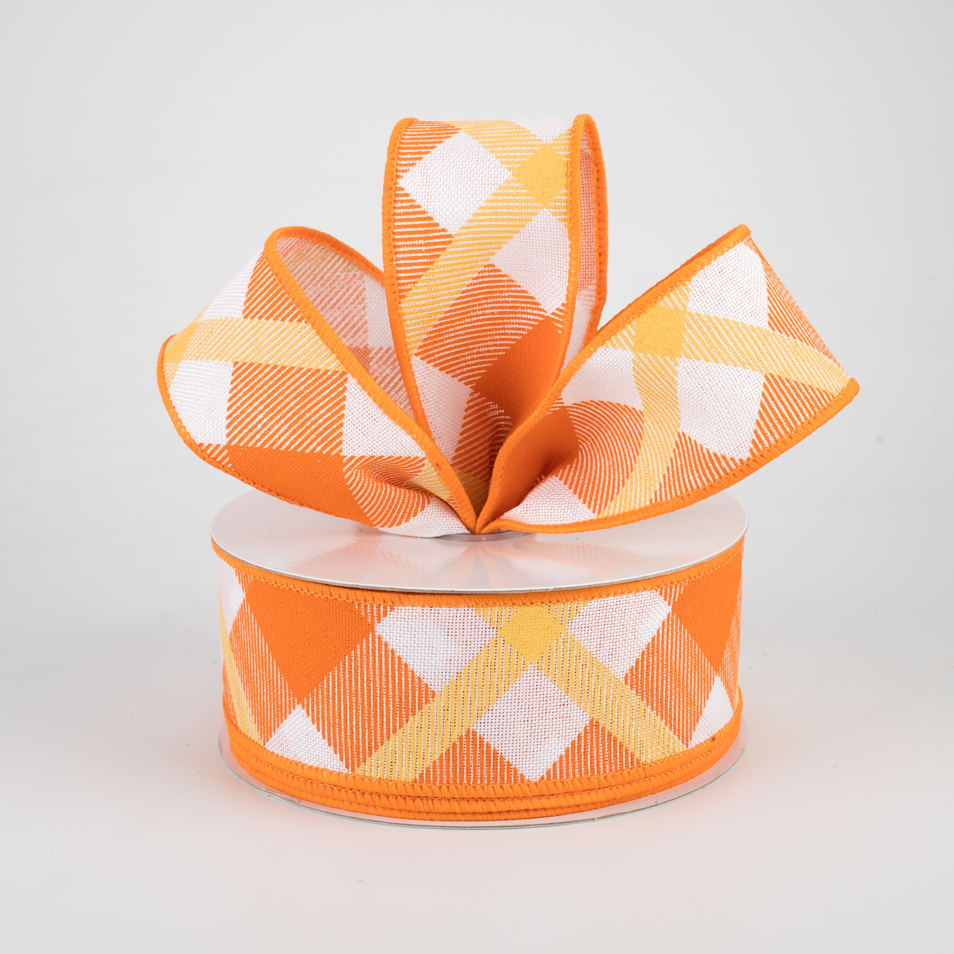 1.5" Printed Plaid Ribbon: White, Orange, Mustard (10 Yards) Lifestyle Photo