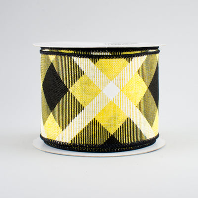 2.5" Printed Plaid Ribbon: Yellow, Black, White (10 Yards)